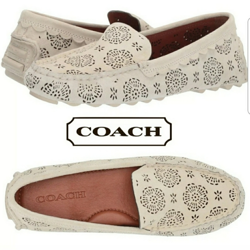 Coach women's Crosby Driver cream chalk perforated suede flat loafer size 38